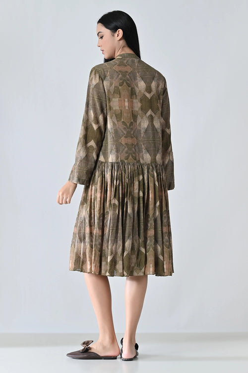 Beige Printed Pleated Dress