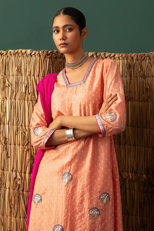 Peach Bandhani Hand Cut Gota Suit Set