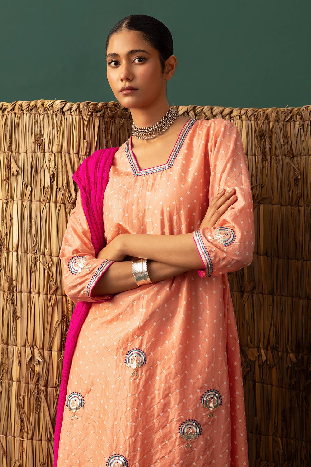 Peach Bandhani Hand Cut Gota Suit Set
