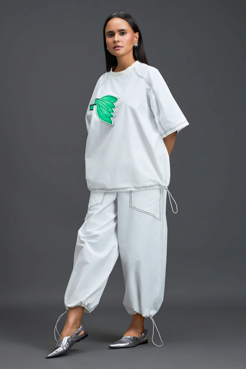 White Oversized Floral Drawstring Co-ord Set