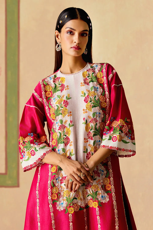 Fuchsia and Ivory Panelled Short Kurta with Flared Pants