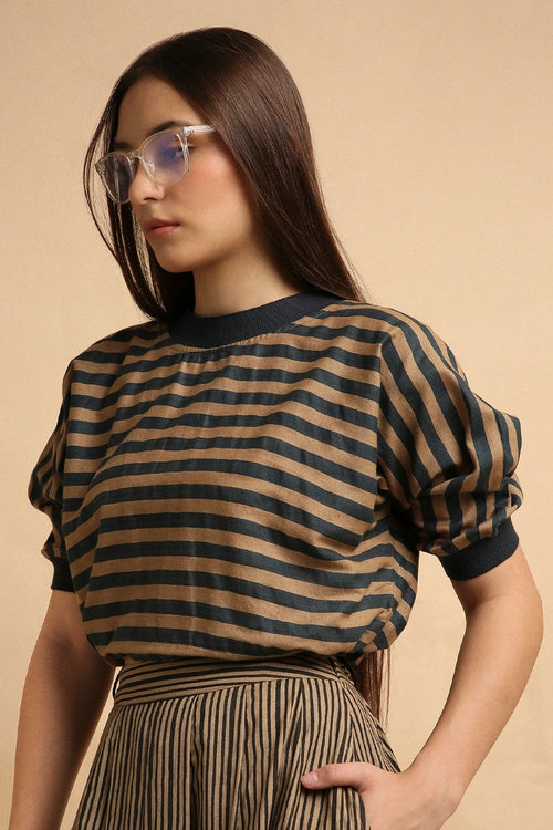 Brown Med Striped New Sphara Crop Top And Skirt Co-ord Set