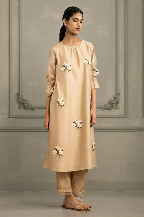 Beige Chanderi Embroidered Tunic Set