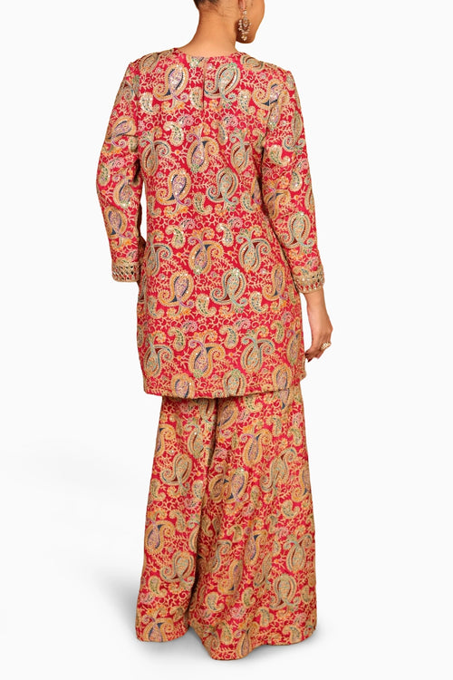 Tomato Red Elizey Paisley Embroidered Sharara Set