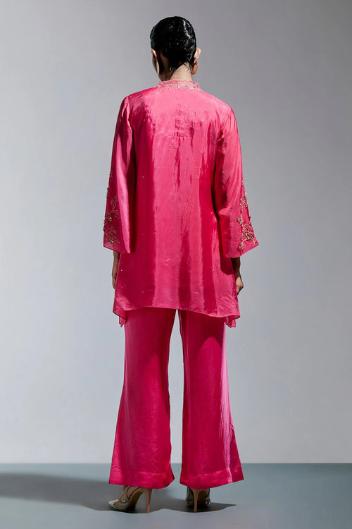 Raspberry Floral Embroidered Silk Co-ord Set