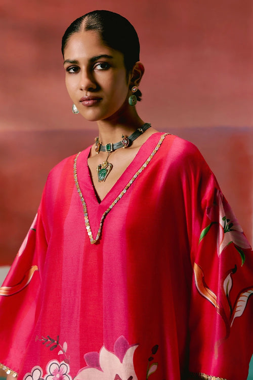 Fuschia Striped Floral Kaftan Set