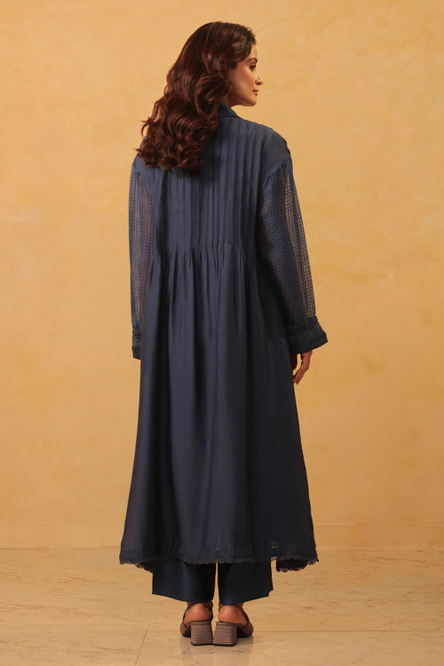 Vaayu Dark Blue Pintuck Collar Kurta Set