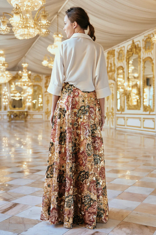 Ivory Satin Shirt & Floral Sequin Maxi Skirt