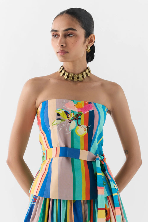 Blue Barcode Off Shoulder Top And Skirt Set