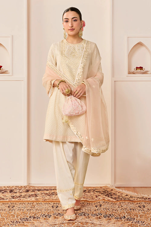 Nida Daisy Ivory Short Choga with Farshi Salwar and Dupatta