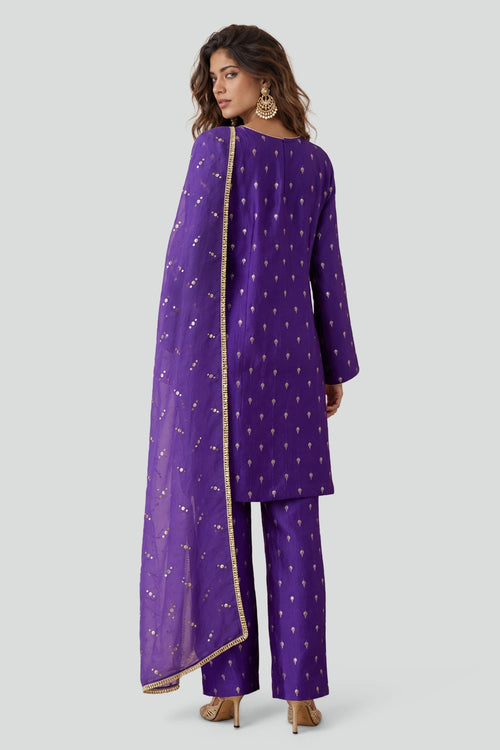 Purple Banarasi Yoke Kurta With Pant And Dupatta