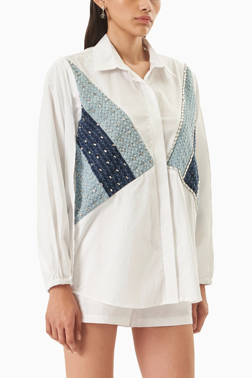 White Cotton 3 Panel Denim Shirt