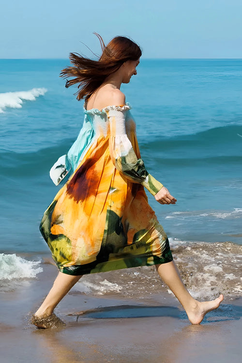 Sunflower Shirring Off-shoulder Dress