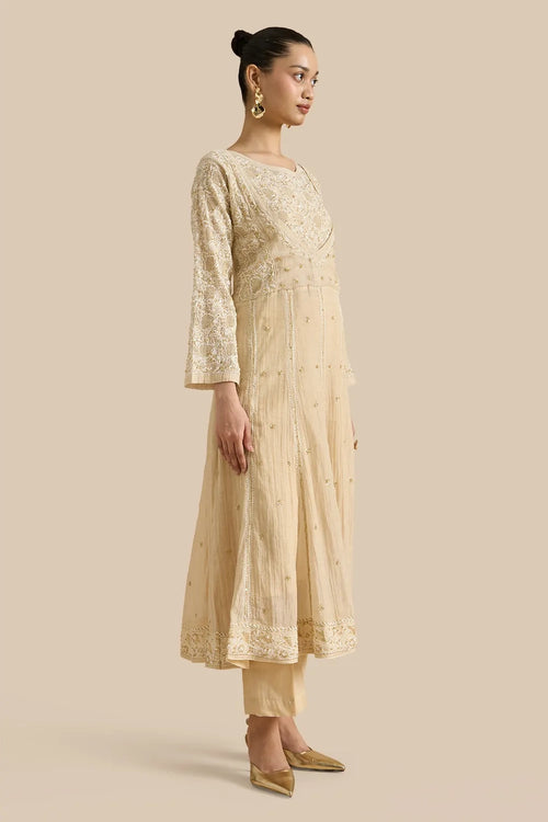 Kalidar Set Crafted With Chikankari Threadwork With Kutdana