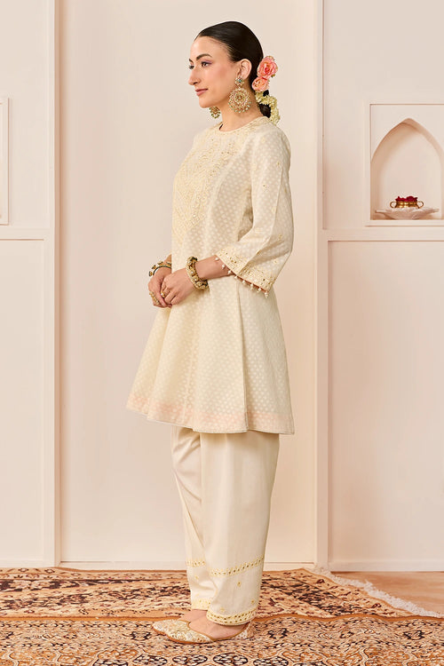 Nida Daisy Ivory Short Choga with Farshi Salwar and Dupatta
