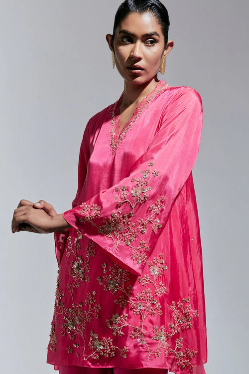 Raspberry Floral Embroidered Silk Co-ord Set