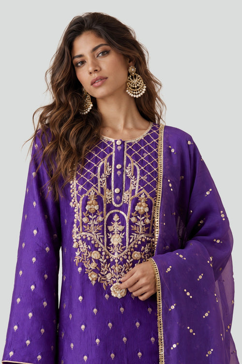 Purple Banarasi Yoke Kurta With Pant And Dupatta