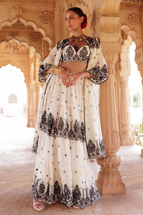 Black and White Tower Lehenga with Embroidered Jacket