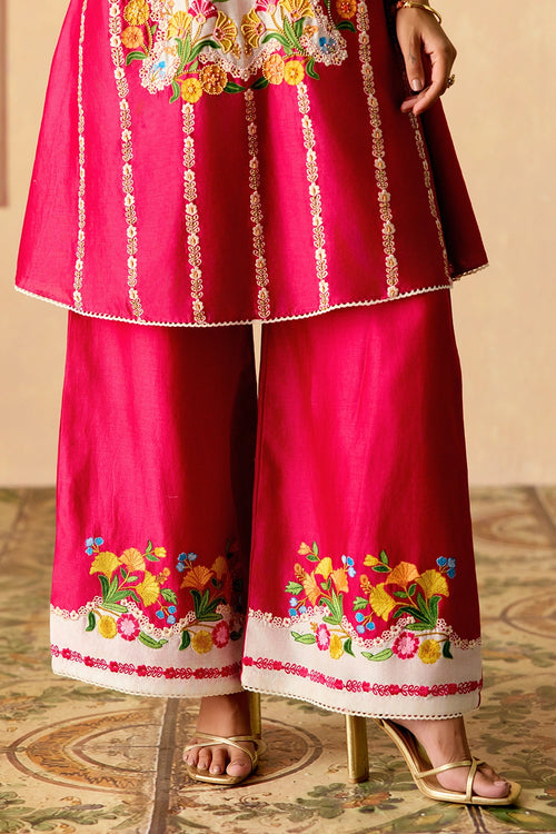 Fuchsia and Ivory Panelled Short Kurta with Flared Pants