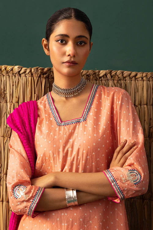 Peach Bandhani Hand Cut Gota Suit Set
