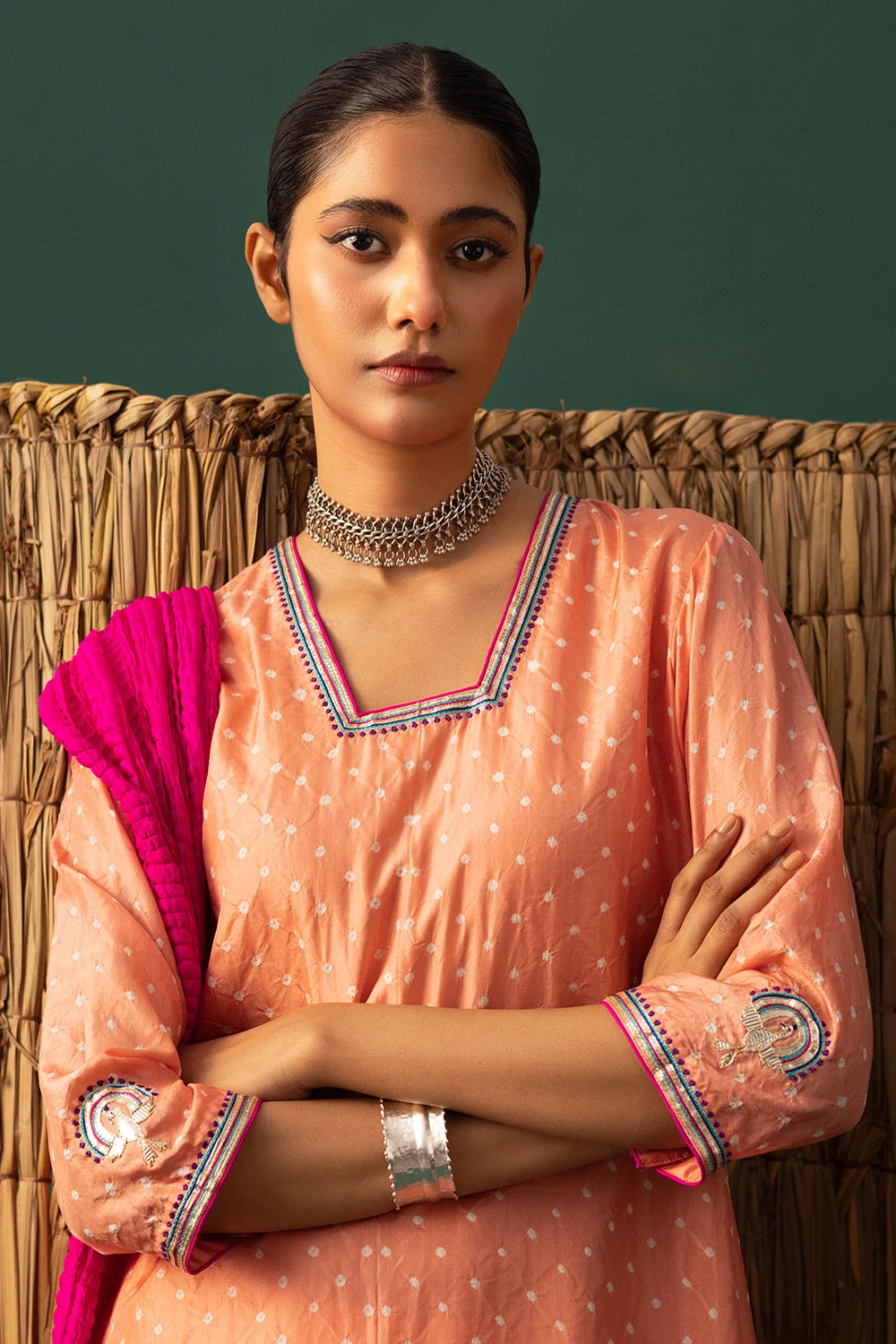 Peach Bandhani Hand Cut Gota Suit Set