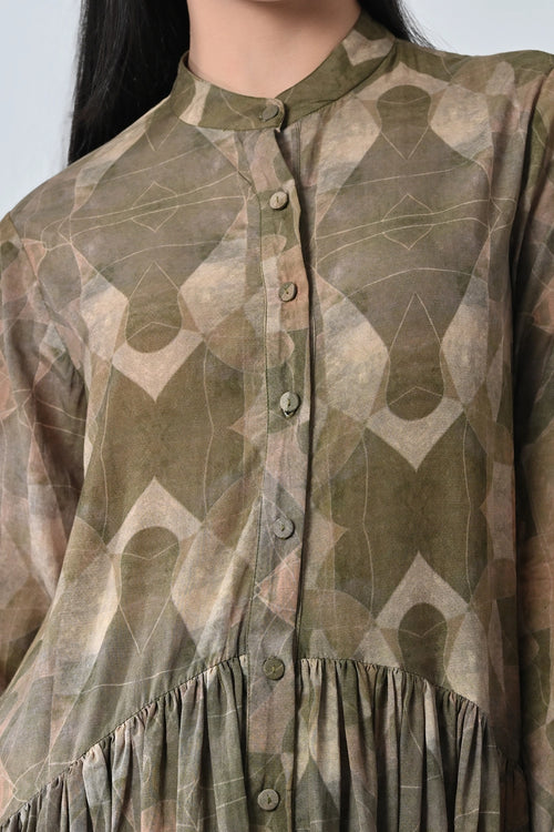 Beige Printed Pleated Dress