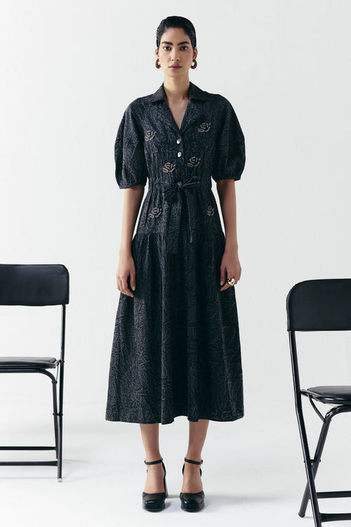 Black Washed Denim Embellished Dress