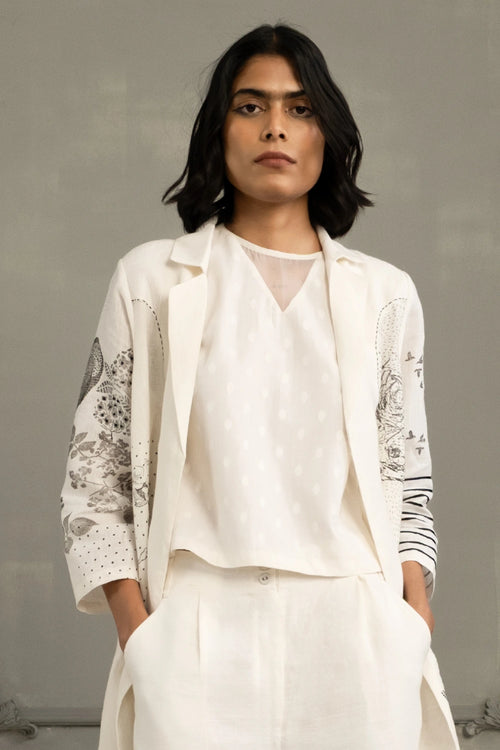 Ivory Embroidered Linen Jacket with Top And Flared Pants