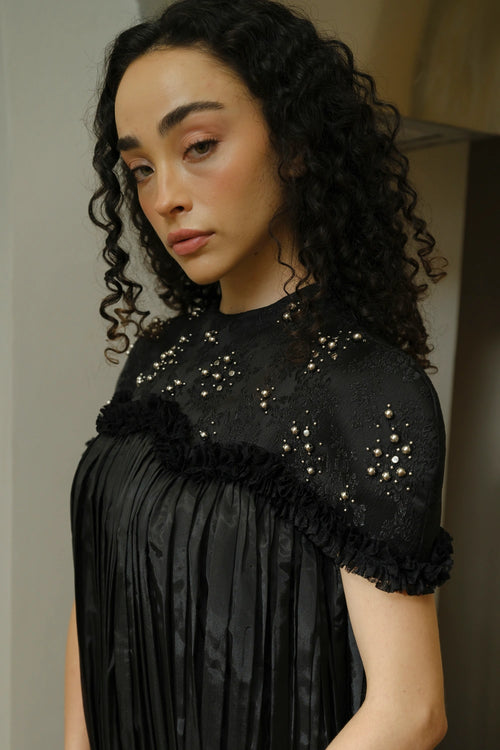 Black Jacquard Organza Embellished Flowy Dress