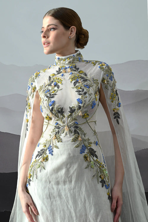 Ivory Gown With Hand-Embroidered Florals And Ethereal Overlay