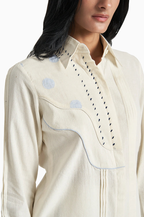Beige Soft Cotton Curve Pleated Shirt And Pants Set