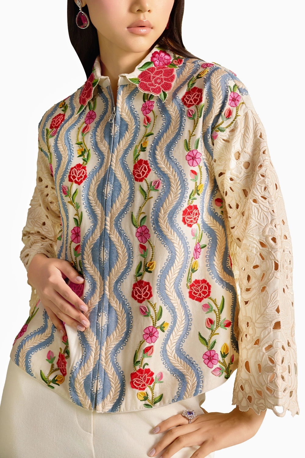 Ivory Striped Florals Short Jacket Set