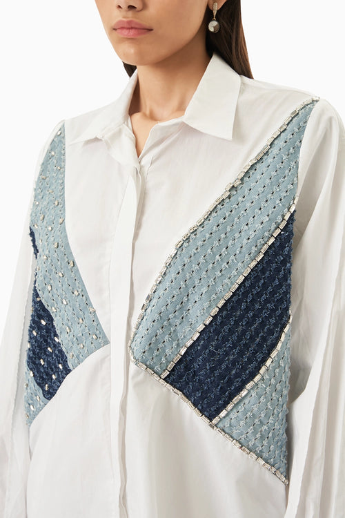 White Cotton 3 Panel Denim Shirt