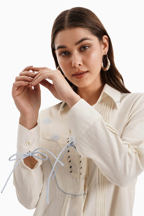 Cotton Beige Curve Panel Shirt