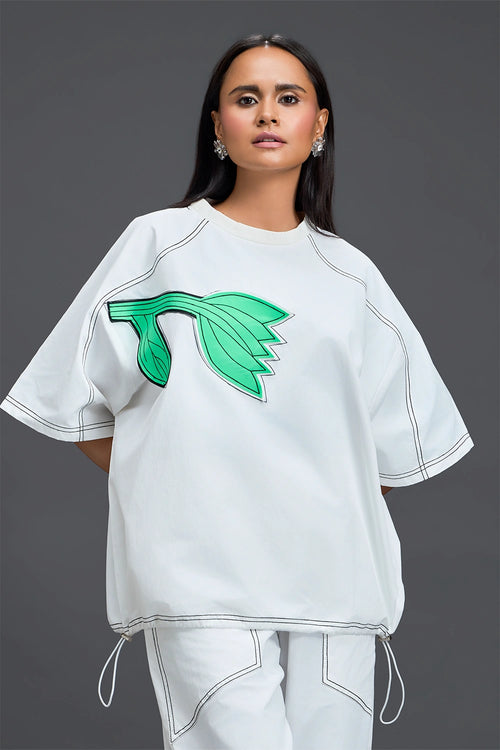 White Oversized Floral Drawstring Top