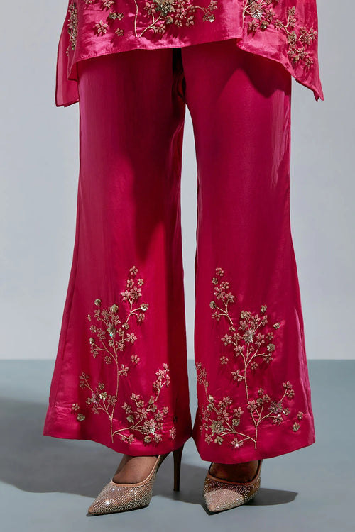 Raspberry Floral Embroidered Silk Co-ord Set
