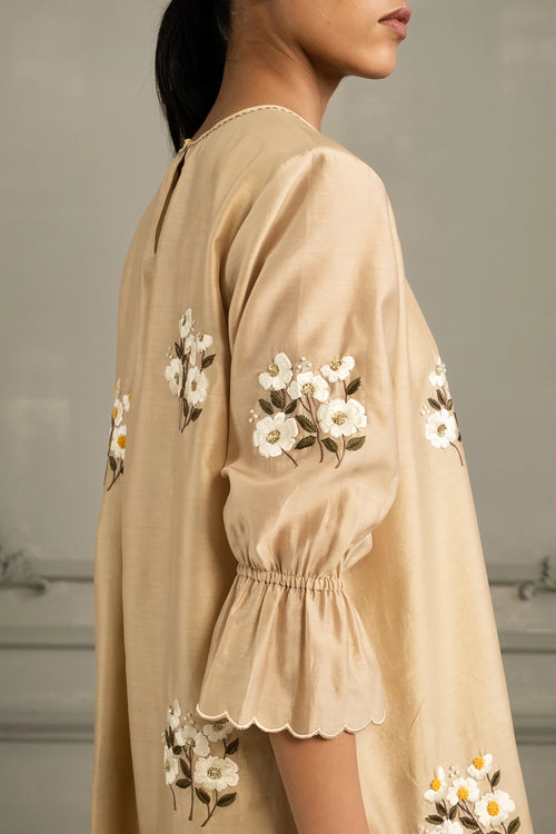 Beige Chanderi Embroidered Tunic Set