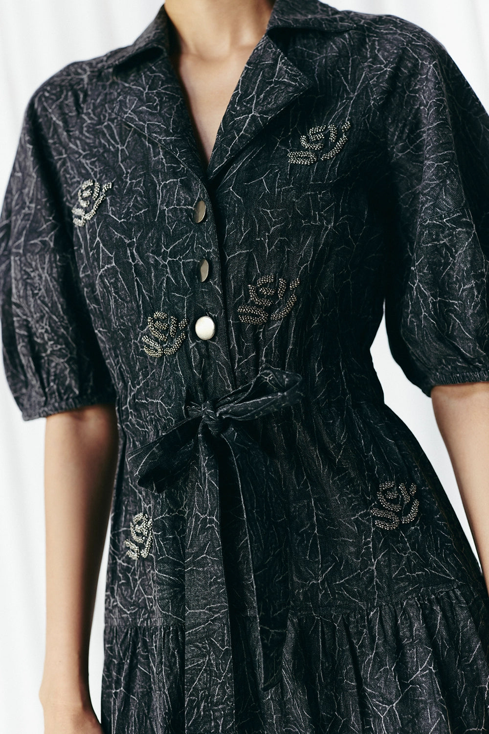 Black Washed Denim Embellished Dress