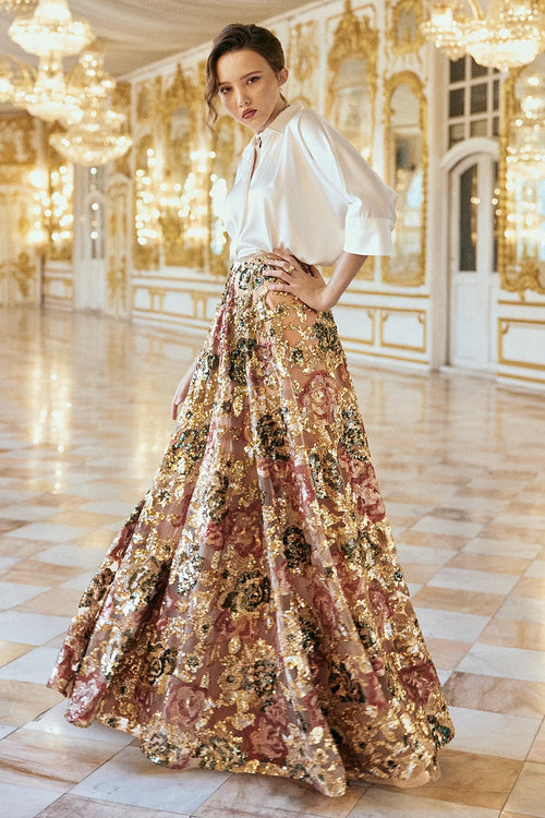 Ivory Satin Shirt & Floral Sequin Maxi Skirt