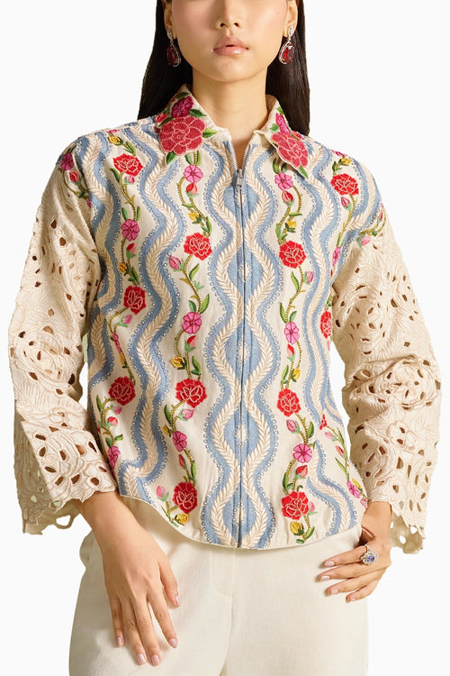 Ivory Striped Florals Short Jacket