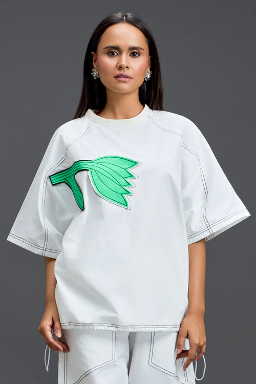 White Oversized Floral Drawstring Top