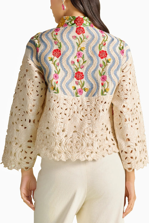 Ivory Striped Florals Short Jacket