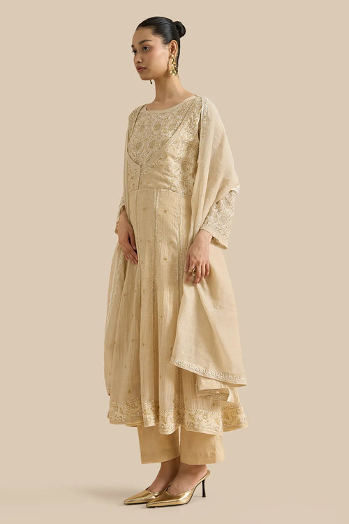 Kalidar Set Crafted With Chikankari Threadwork With Kutdana