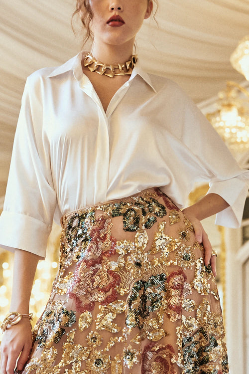 Ivory Satin Shirt & Floral Sequin Maxi Skirt