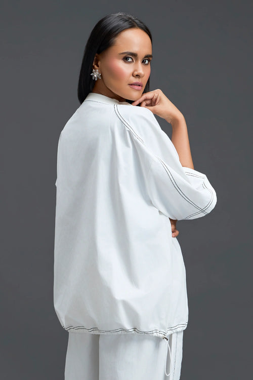White Oversized Floral Drawstring Top