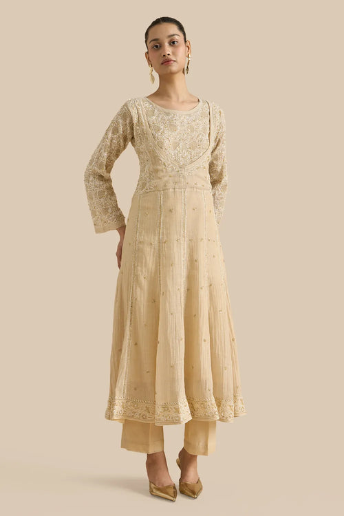 Kalidar Set Crafted With Chikankari Threadwork With Kutdana
