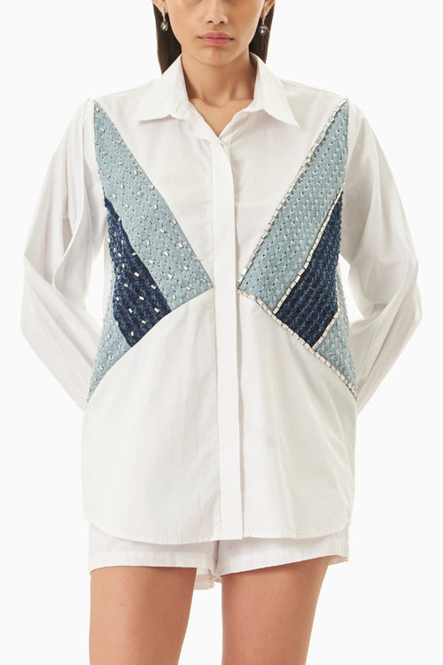 White Cotton 3 Panel Denim Shirt