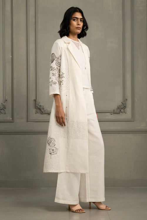 Ivory Embroidered Linen Jacket with Top And Flared Pants