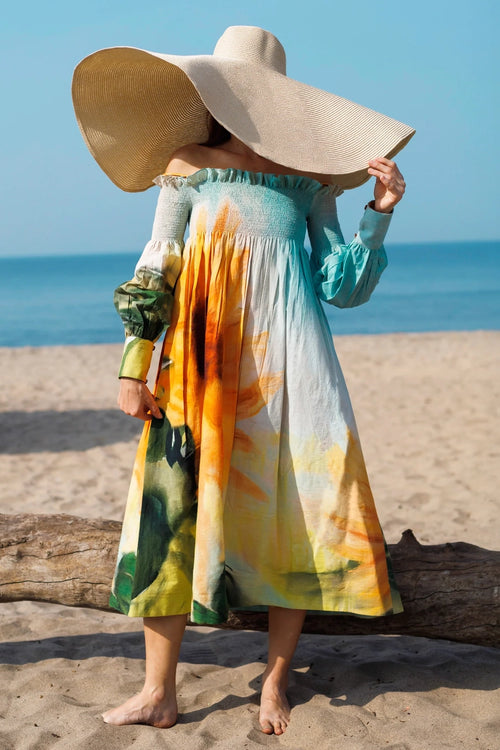 Sunflower Shirring Off-shoulder Dress