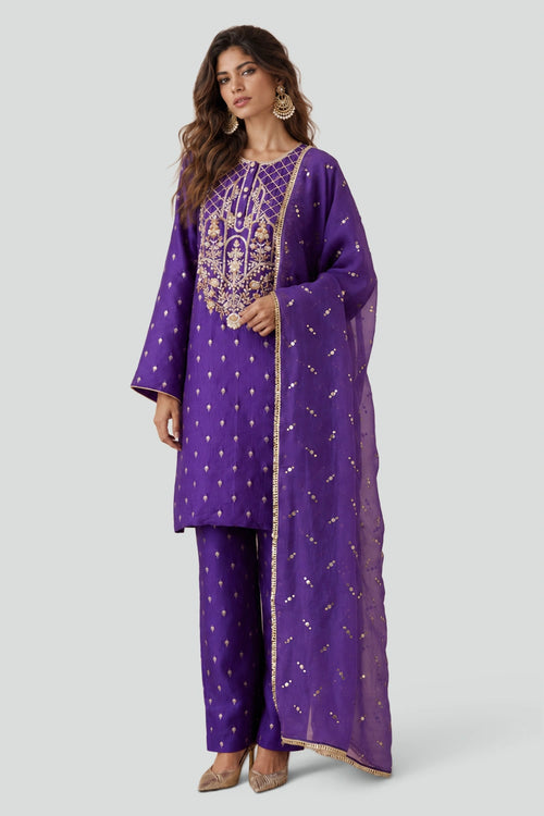 Purple Banarasi Yoke Kurta With Pant And Dupatta